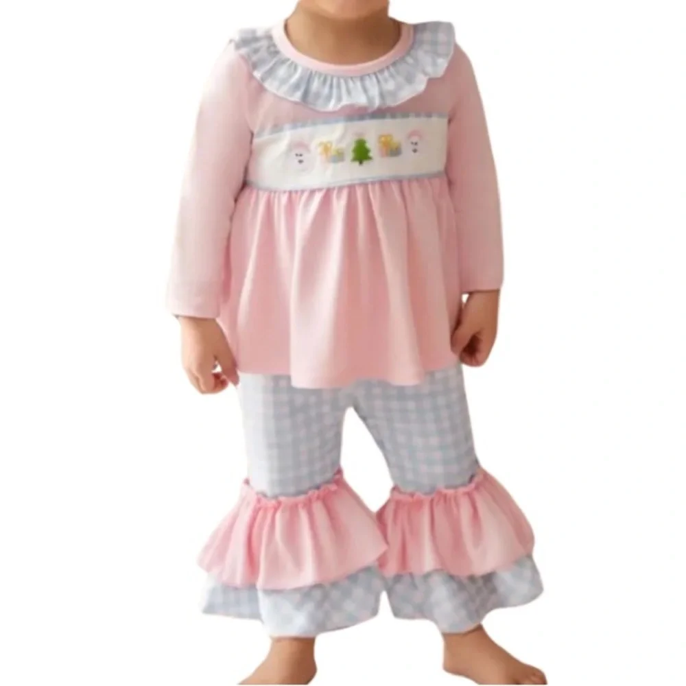 Ruffle Gingham Embroidered Christmas Outfit 6-12 Months Girls